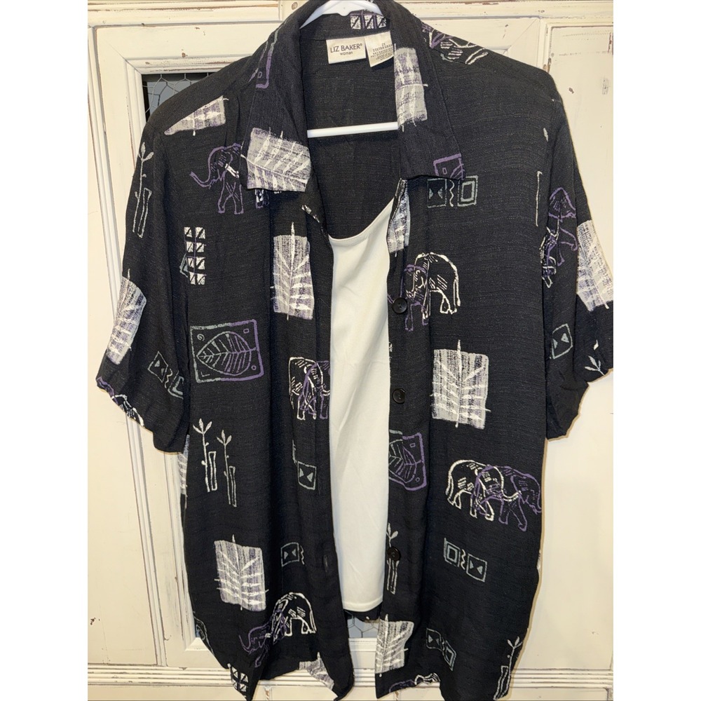 Vtg Ladies Liz Baker 2x Elephant Print‎ ButtonUp Shirt W/Connected White Top